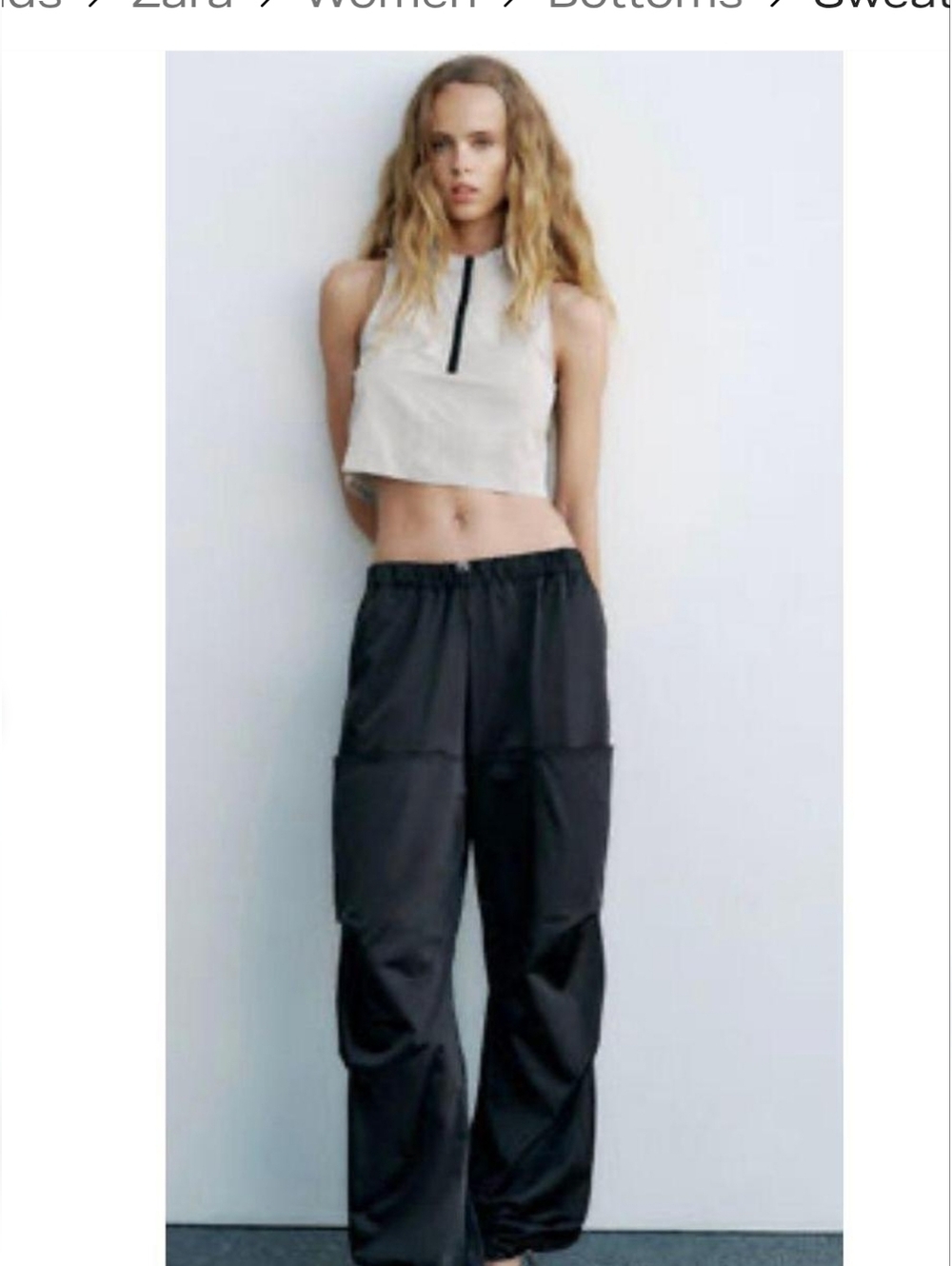 Zara Satin Effect Parachute Pants Cargo‎ XL Drawstring Hem Pull-on  Baggy Cyber